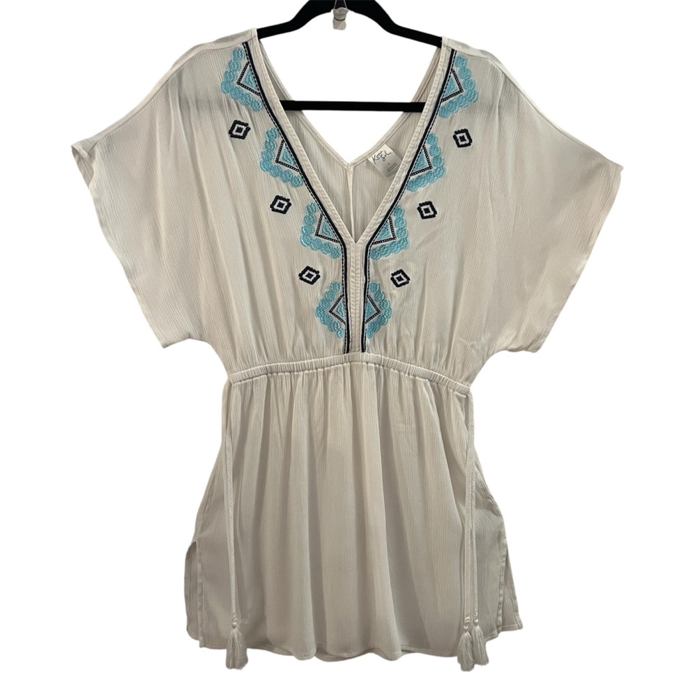 KONA SOL COVERUP, Sz S, White Embroidered V-Neck Tunic / Beach Coverup w/ Ties